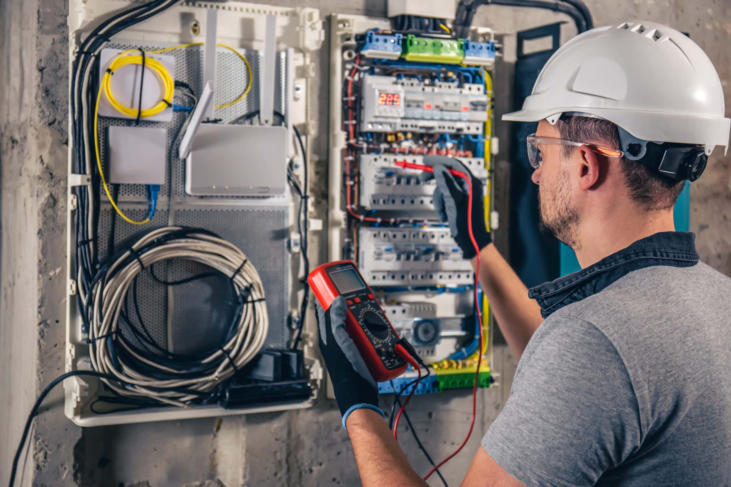 man, an electrical technician working in a switchboard with fuses.