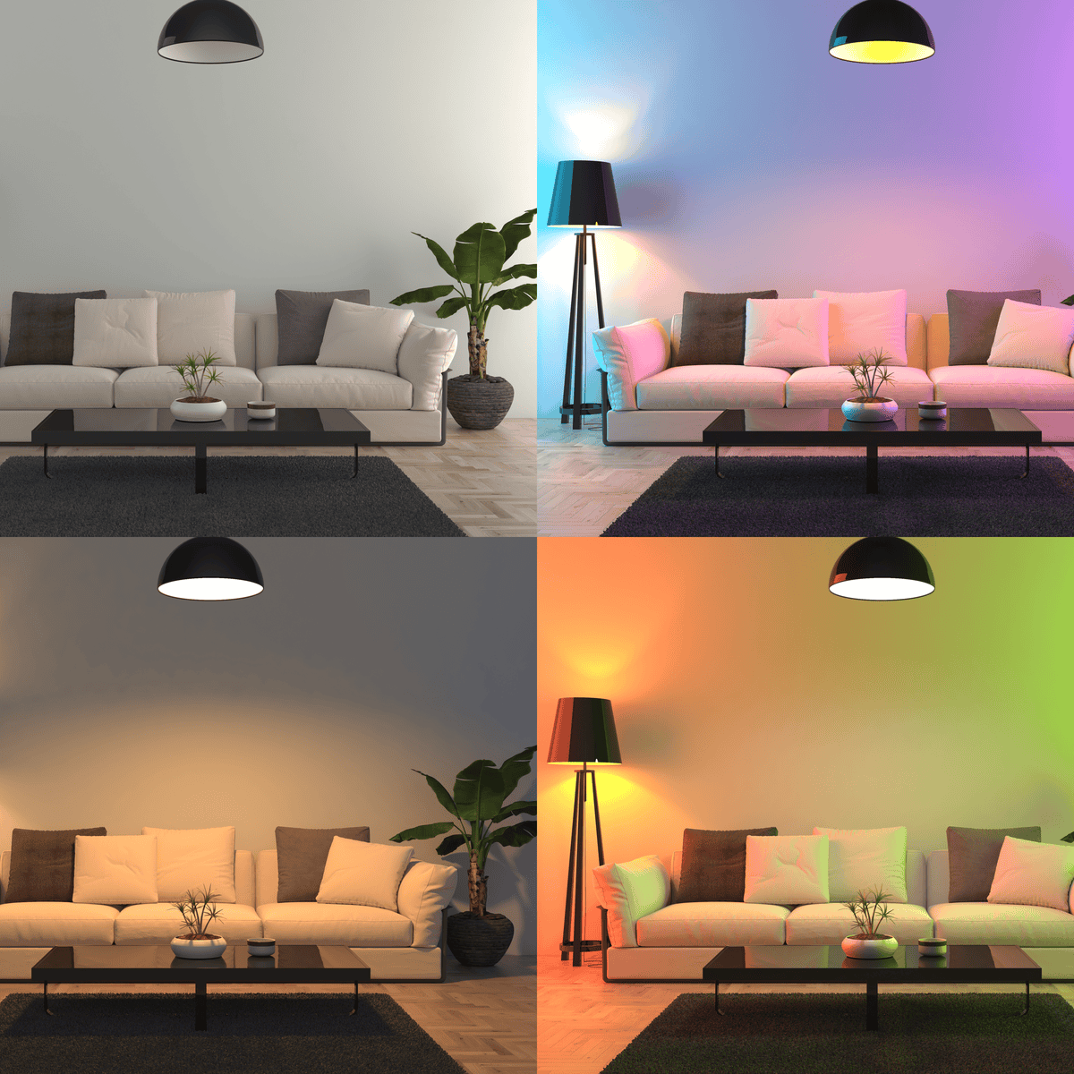 Smart lighting setup in a living room, showcasing different lighting modes Melbourne